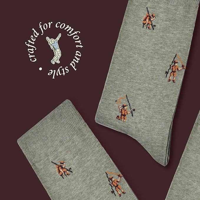 The Copper Shed grey cotton novelty socks featuring a subtle fisherman pattern for fishing enthusiasts