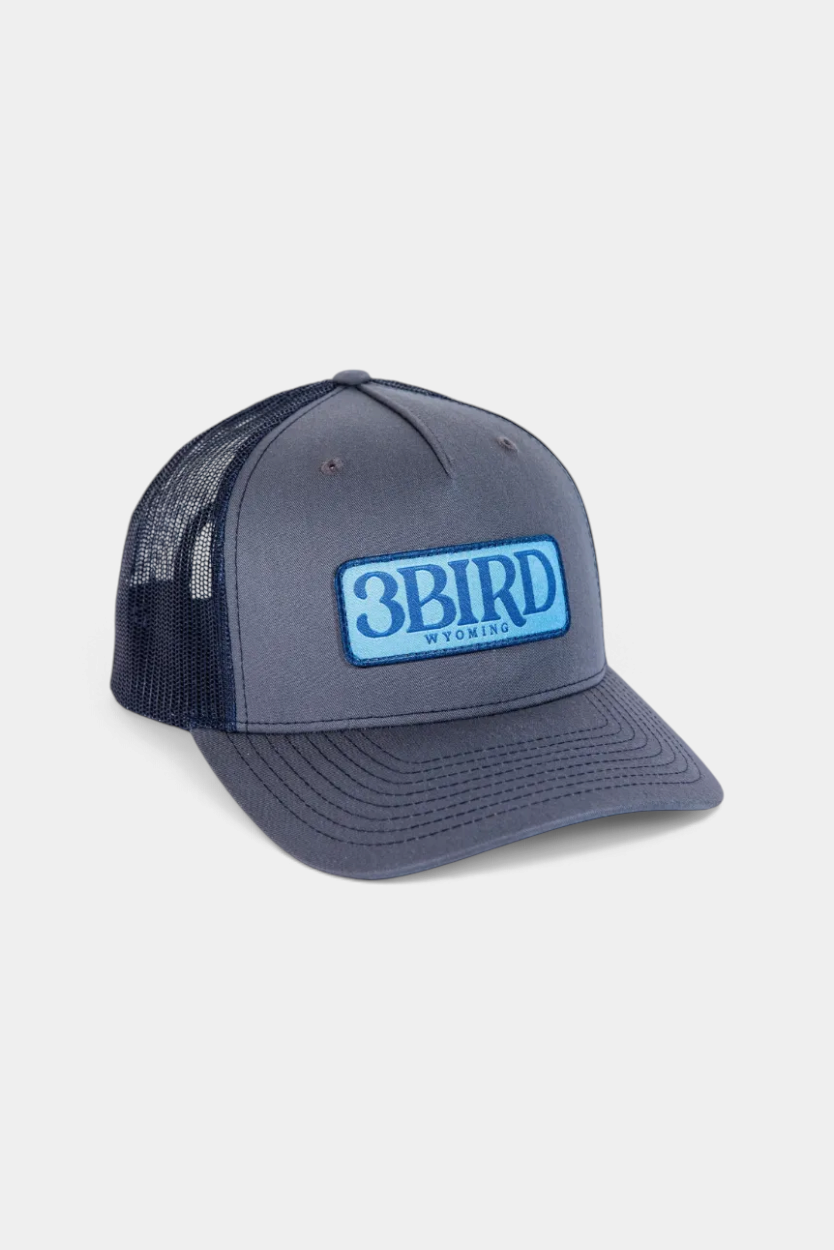 The Copper Shed 3B Trucker hat in grey with a navy mesh back, featuring a blue 3BIRD Wyoming logo patch on the front.