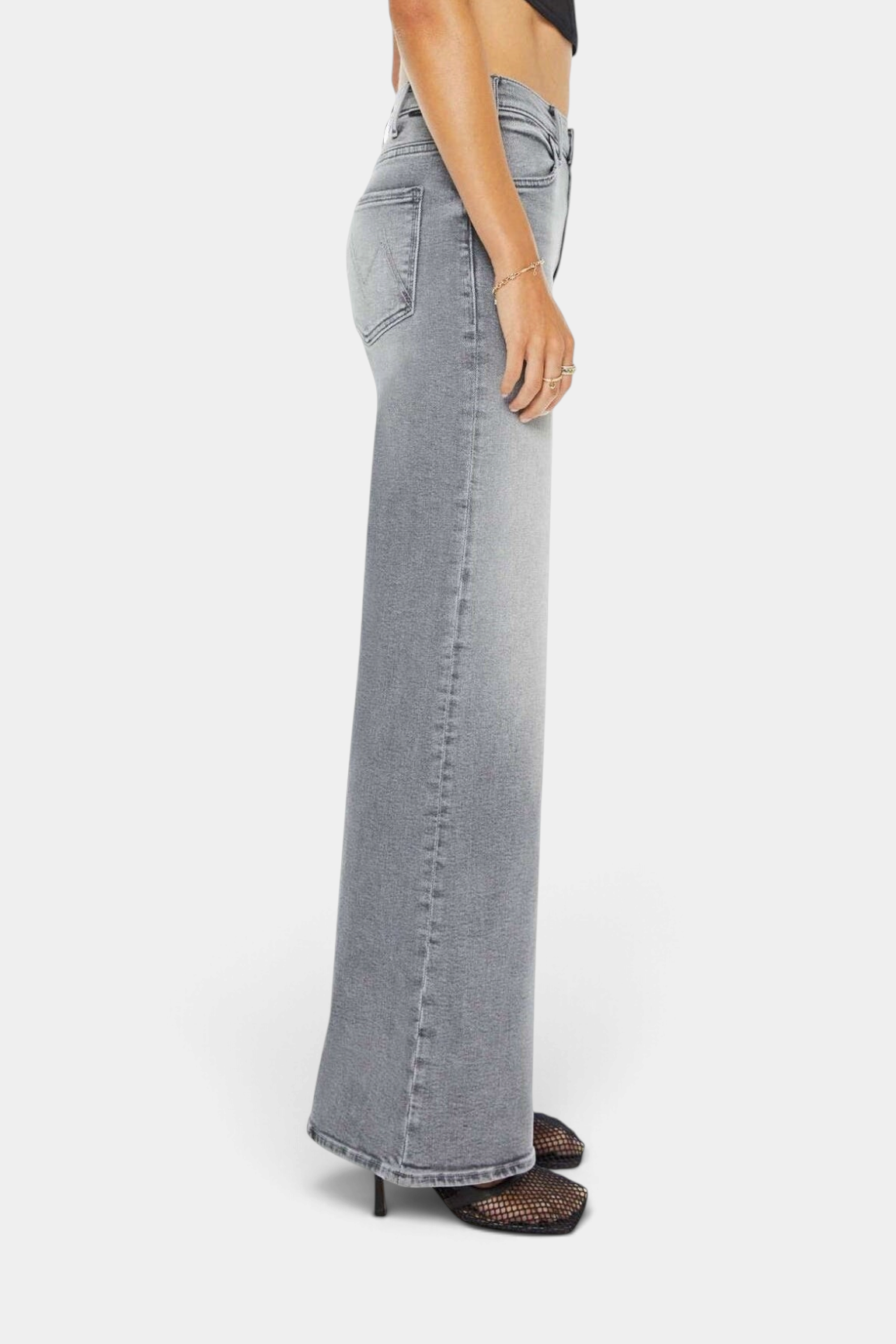 The Copper Shed The Hustler Roller Skimp wide leg denim pants in light grey with fading and a high rise side view