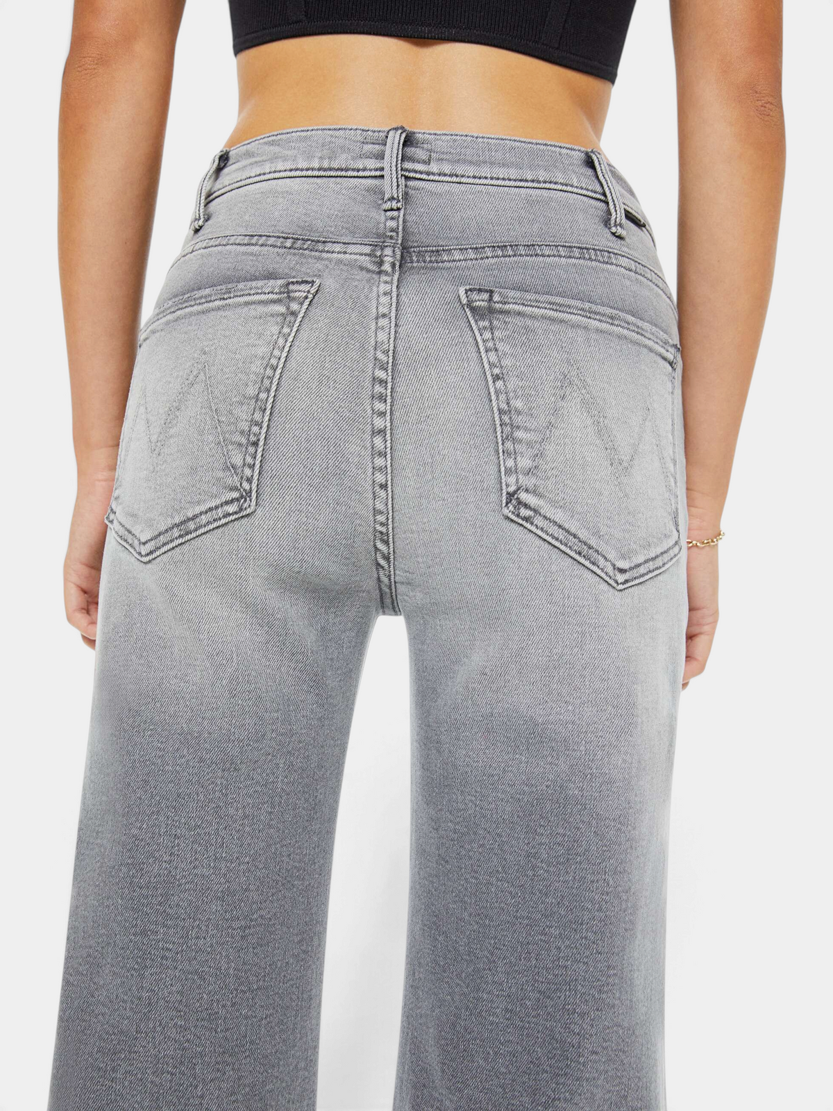 The Copper Shed light grey wide leg denim jeans with back pockets, high rise fit, and subtle fading.