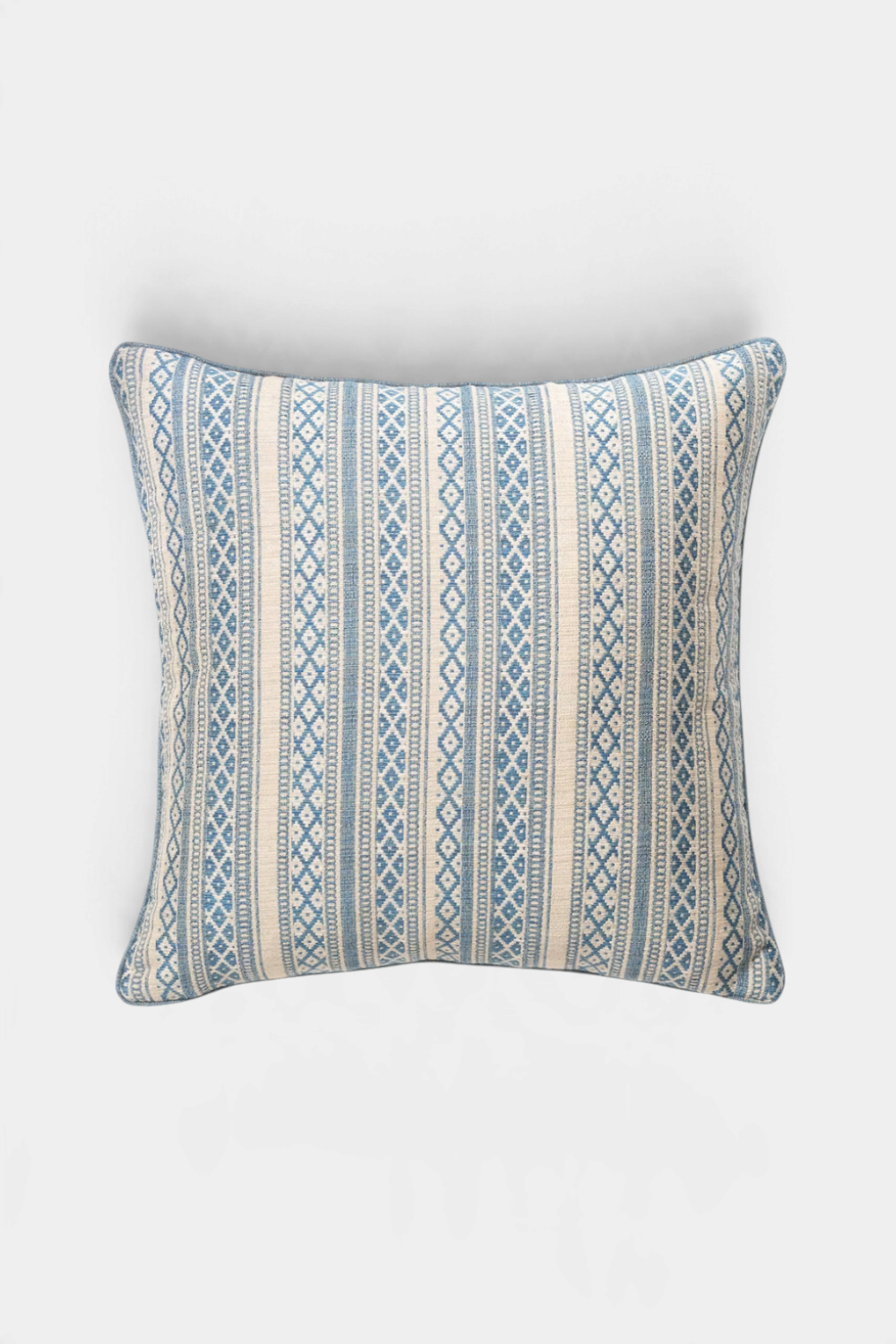The Copper Shed Susan Deliss Hanim square throw pillow in aqua blue with a geometric striped pattern and self-piping.