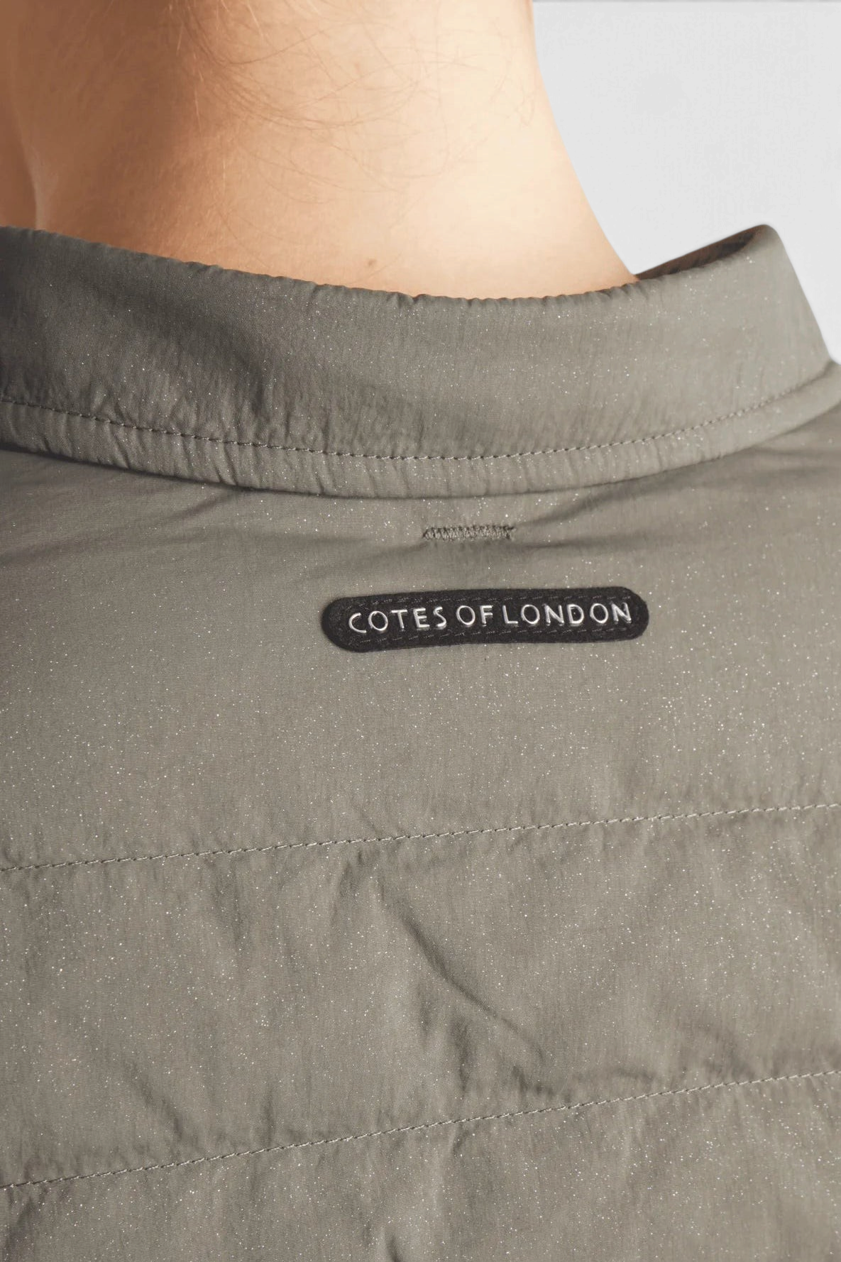 The Copper Shed Harrow matte down shirt in grey with subtle sparkles and Cotes of London collar label detail