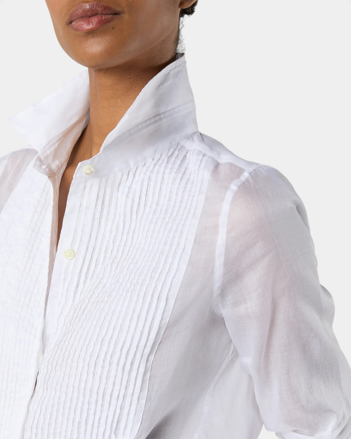 The Copper Shed Hattie shirt in white sheer Italian cotton organdy with a pleated bib front and classic collar.