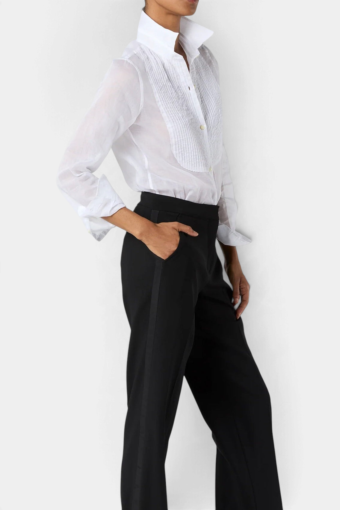 The Copper Shed Hattie shirt in white sheer Italian cotton organdy with a pleated bib front and classic collar.