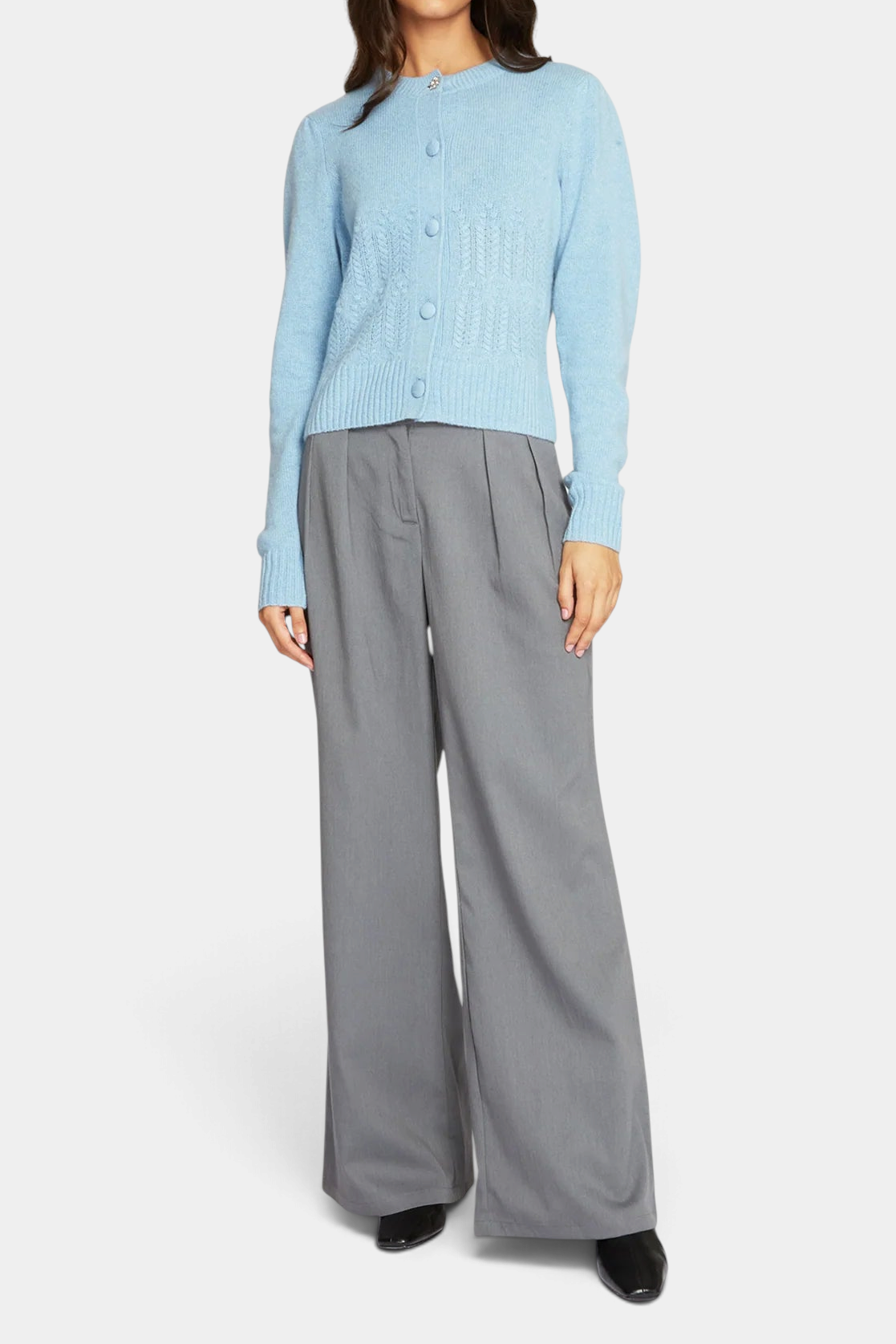 The Copper Shed heather blue cashmere cardigan with puff sleeves, popcorn stitch, and a crystal button on crew neck.