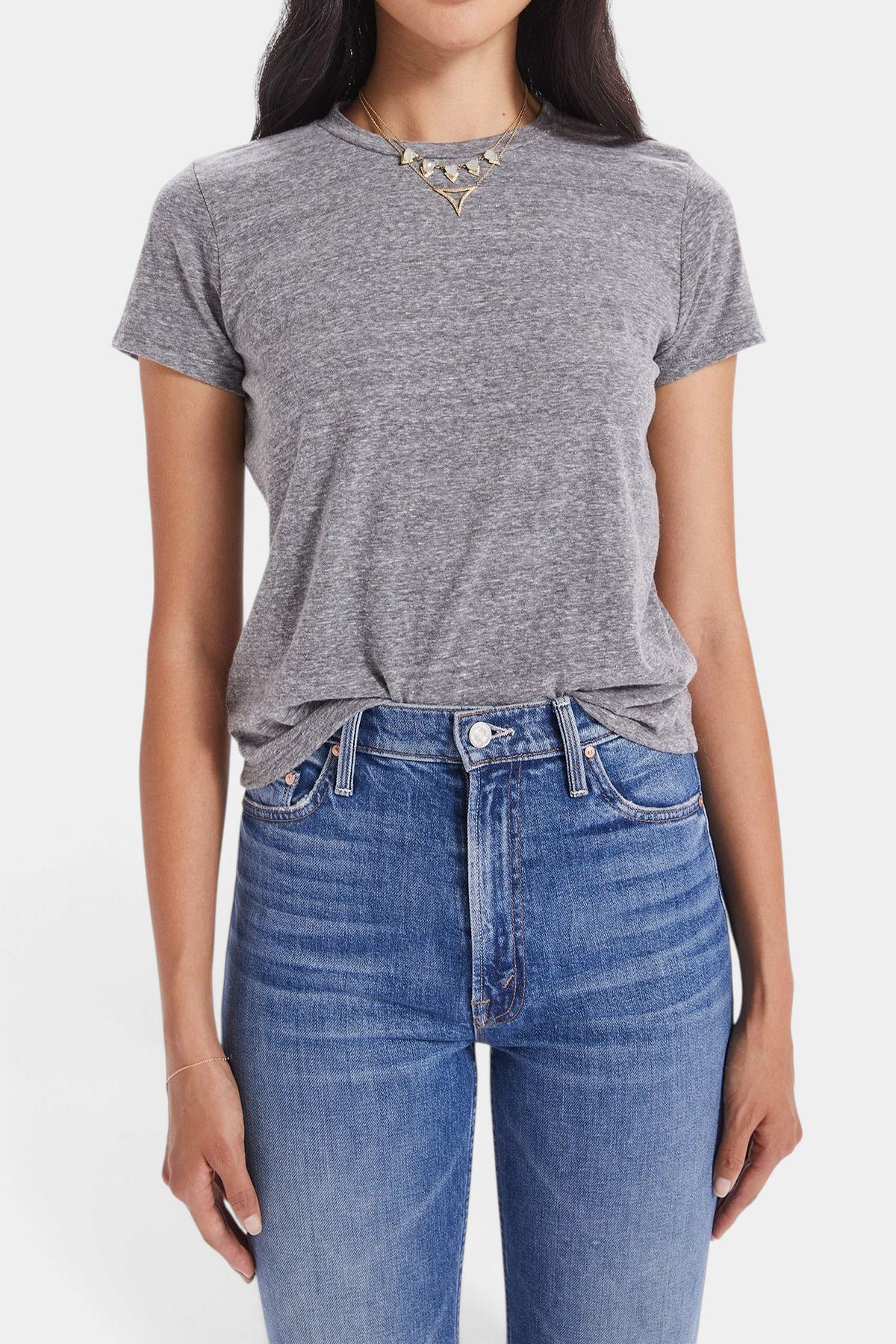 The Copper Shed heather grey crewneck t-shirt in a slim fit worn with blue jeans on a model