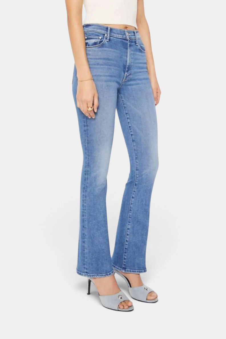 The Copper Shed High Waisted Weekender Skimp flare jeans in mid-blue denim with whiskering and a clean hem