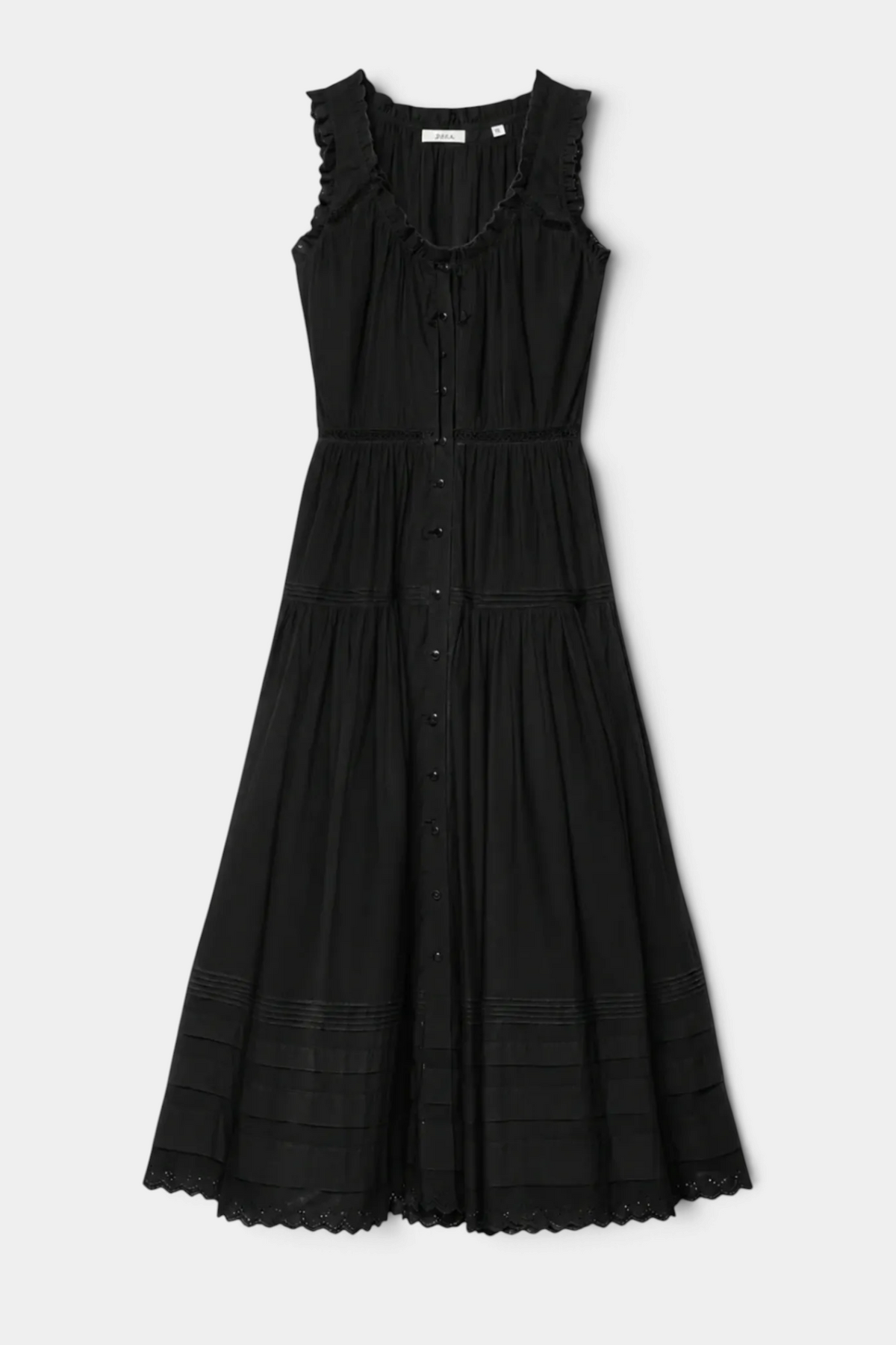 The Copper Shed Hortense black organic cotton poplin midi dress with eyelet embroidery, pintucks, and scalloped lace.