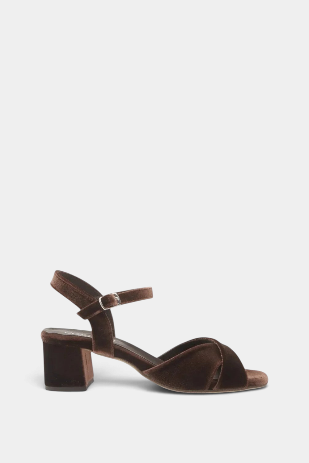 The Copper Shed Ilaria brown velvet heeled sandal with a criss-cross strap and a comfortable block heel.