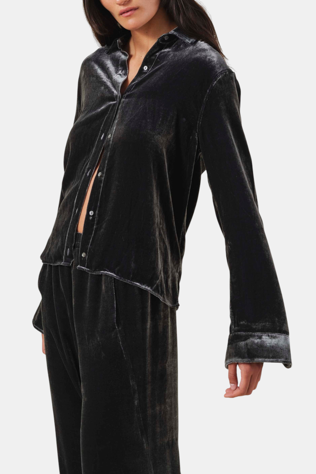 The Copper Shed Iliana black silk-viscose blend button-down blouse with a relaxed fit and subtle sheen.