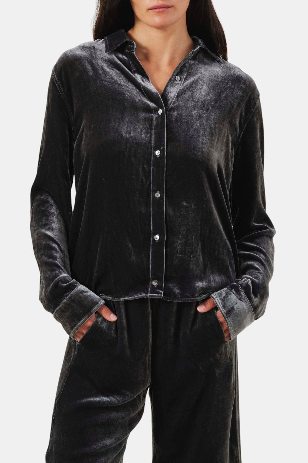 The Copper Shed Iliana blouse in charcoal grey silk-viscose velvet with a button-down front and relaxed fit.
