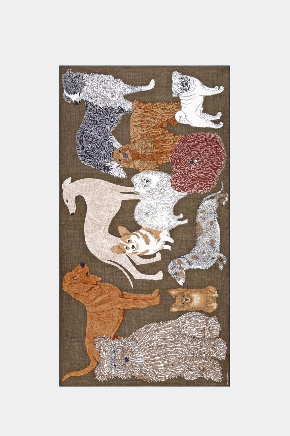 The Copper Shed Inoui Scarf 100 featuring a brown background with a whimsical pattern of various dog breeds.