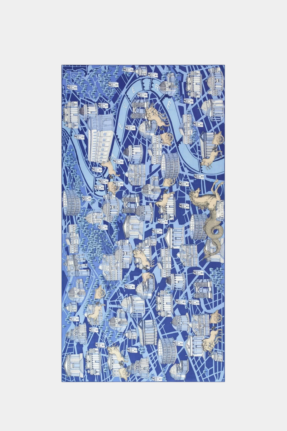 The Copper Shed Inoui Scarf 100 featuring a blue and white illustrated map print with architectural landmarks
