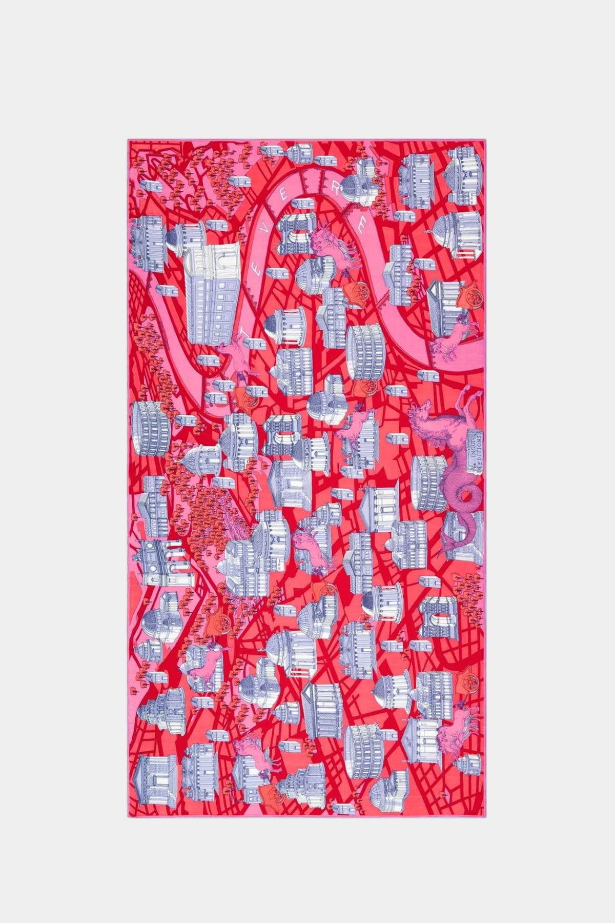 The Copper Shed Inoui Scarf 100 featuring a vibrant pink and purple illustrated map design with architectural motifs.
