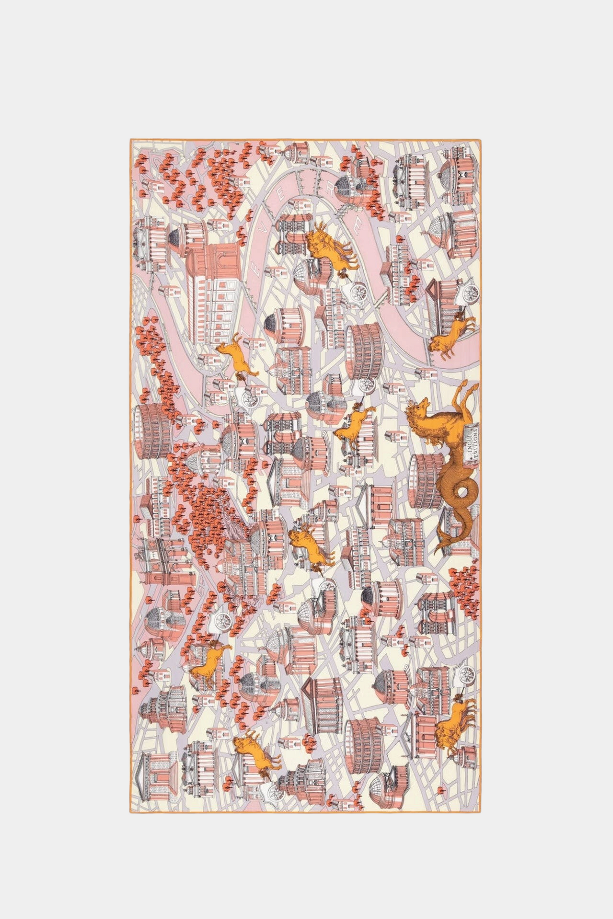 The Copper Shed Inoui Scarf 100 featuring a detailed pink and orange illustrated map print of Roman architecture.