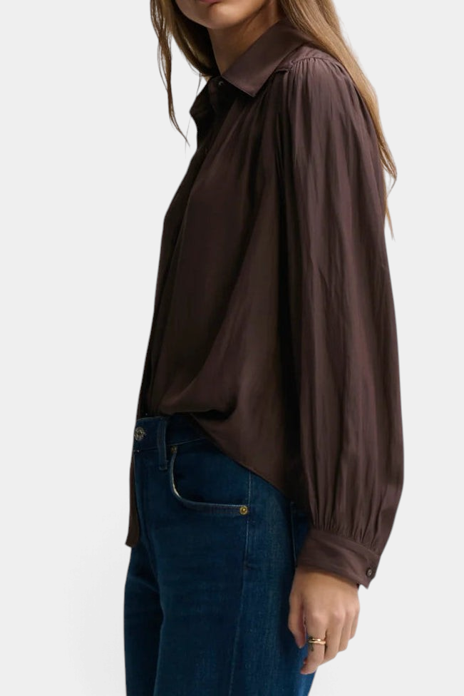The Copper Shed Isla button down blouse in espresso Japanese satin with long sleeves and delicate yoke ruching.