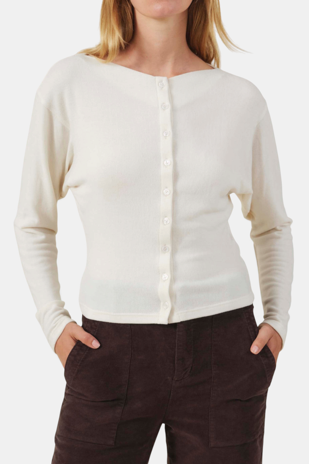 The Copper Shed Jordan cream fine-gauge knit cardigan with round neck, button front and thumbhole sleeve details.