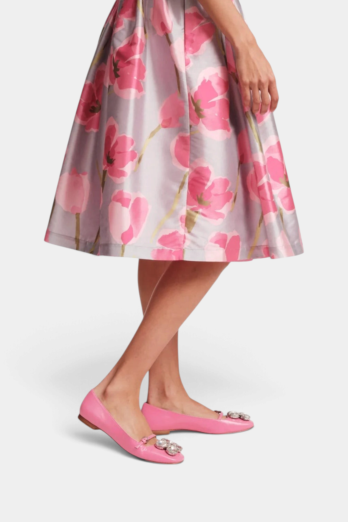 The Copper Shed Josephine square-toe ballet flats in pink with clear crystal jewel embellishments on a model