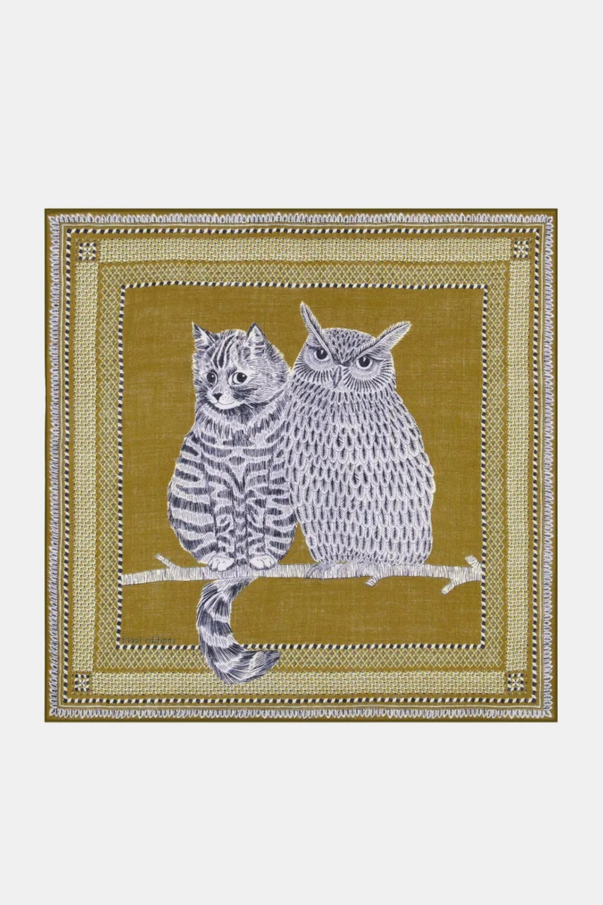 The Copper Shed Square 70 wool scarf in khaki featuring a detailed white illustration of a cat and owl on a branch.