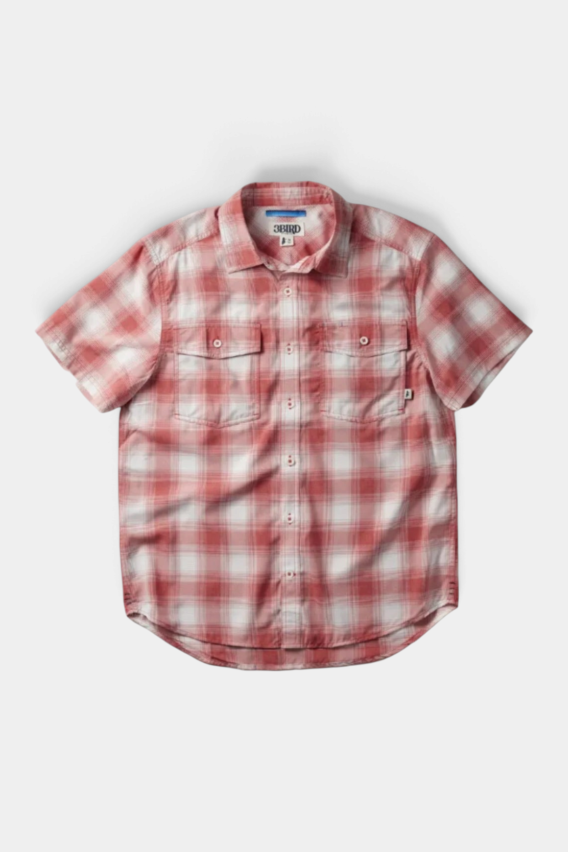 The Copper Shed Kingfisher short sleeve shirt in a red and white plaid pattern with dual chest pockets.