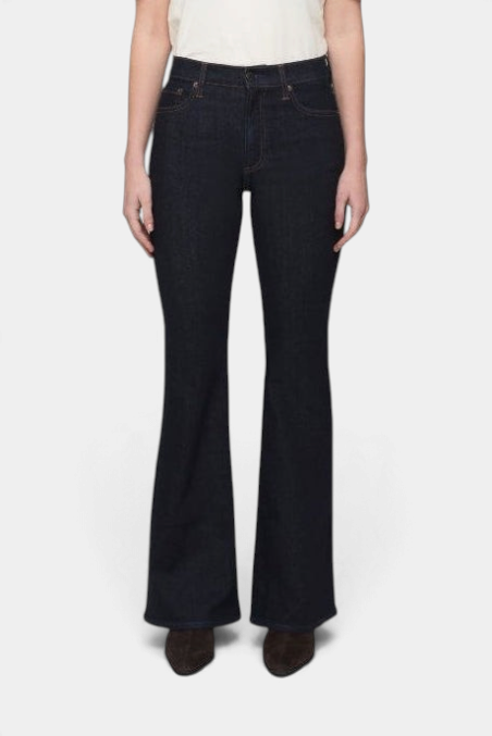 The Copper Shed Kinsley mid-rise ultra flare jeans in a dark Night Flight denim wash with a wide leg silhouette.