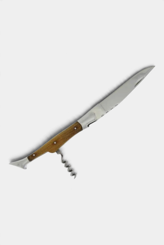 The Copper Shed Laguiole pocket knife with olive wood handle, stainless steel blade, and integrated corkscrew.