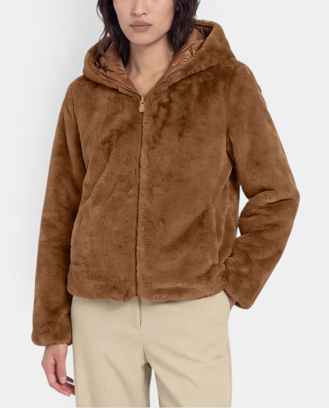 The Copper Shed Laila reversible hooded jacket in brown faux fur with a front zipper and elasticated cuffs.
