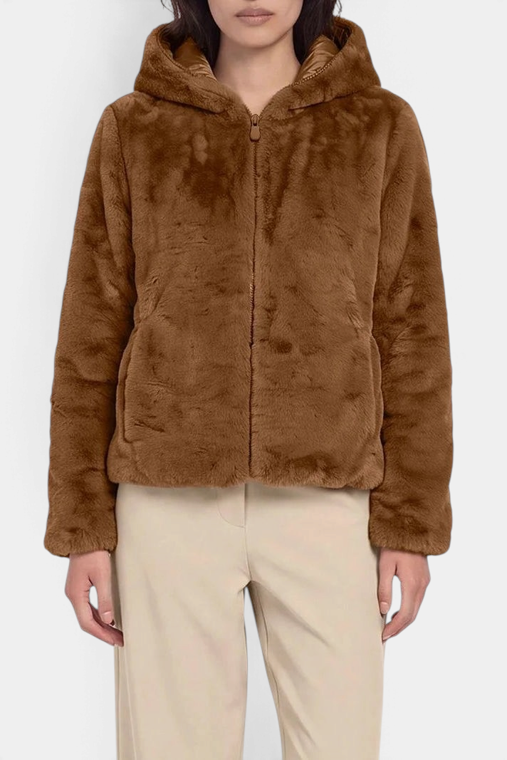 The Copper Shed Laila reversible brown faux fur hooded jacket with a front zipper and elasticated cuffs.