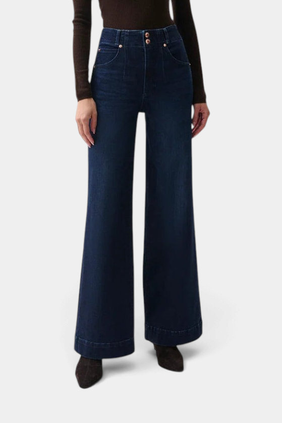 The Copper Shed Lana high-rise wide-leg jeans in a dark wash stretch denim with a double-button front closure.