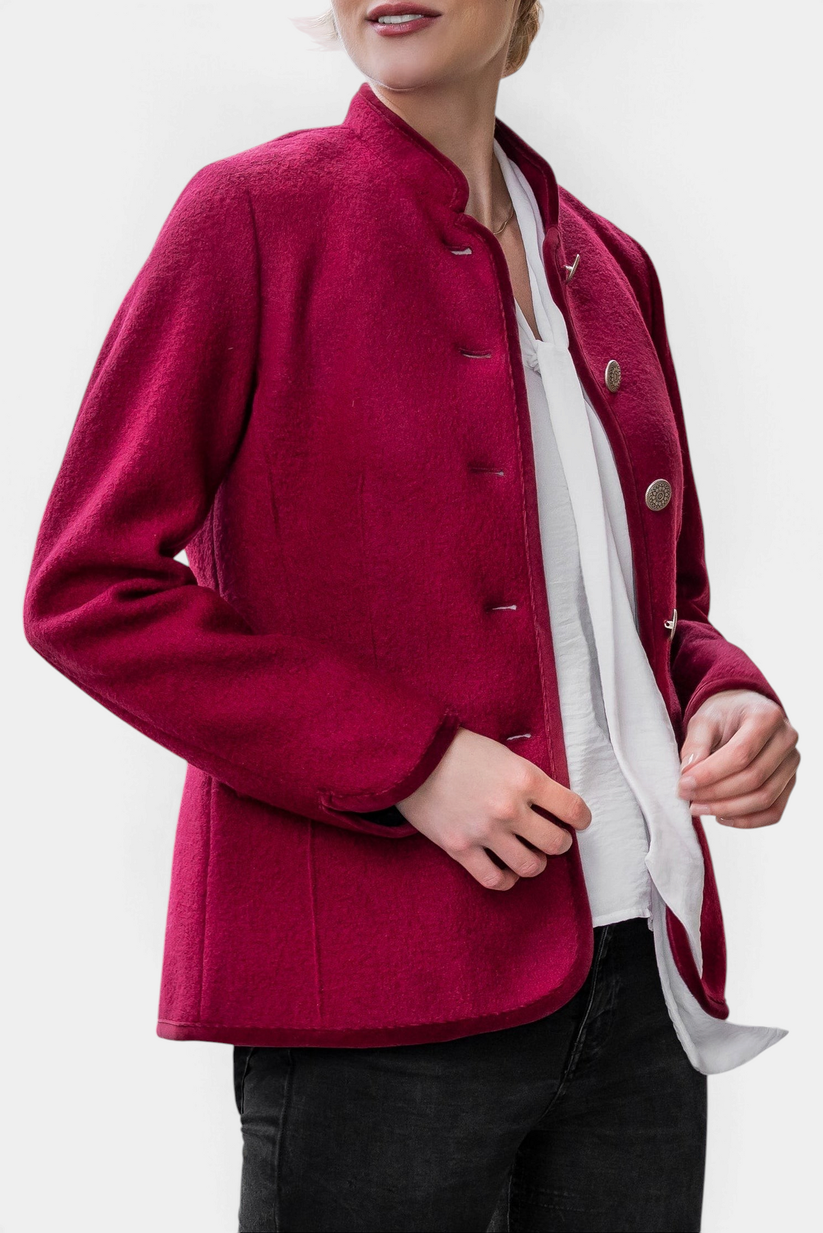 The Copper Shed Lara red boiled wool Austrian cardigan with stand collar and decorative metallic buttons