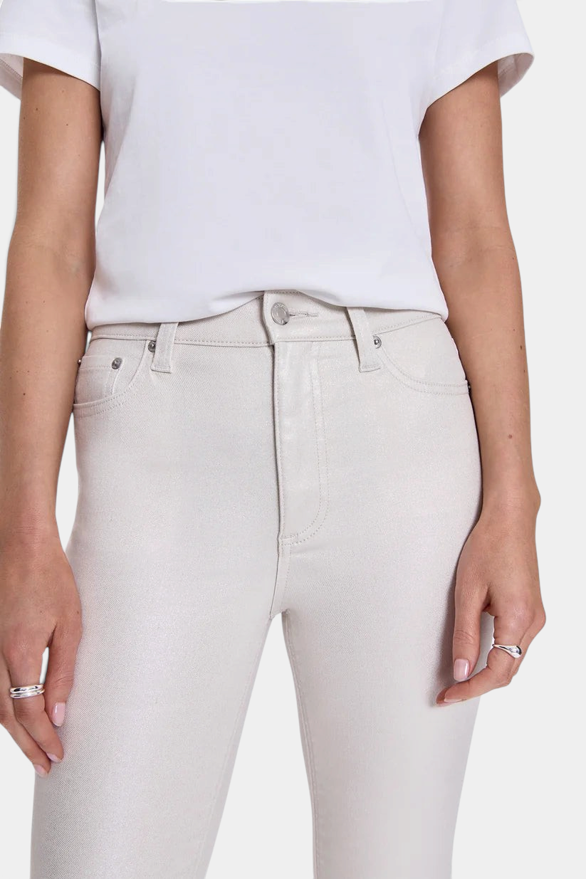 The Copper Shed Lennon high rise crop boot jeans in a light beige comfort-stretch denim with a clean waistline