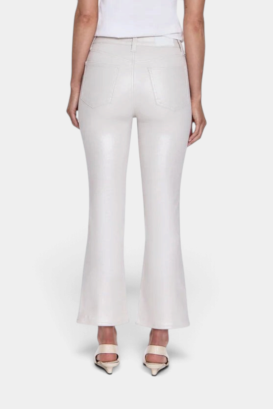 The Copper Shed Lennon high rise crop boot jeans in cream comfort-stretch denim, back view on a model.