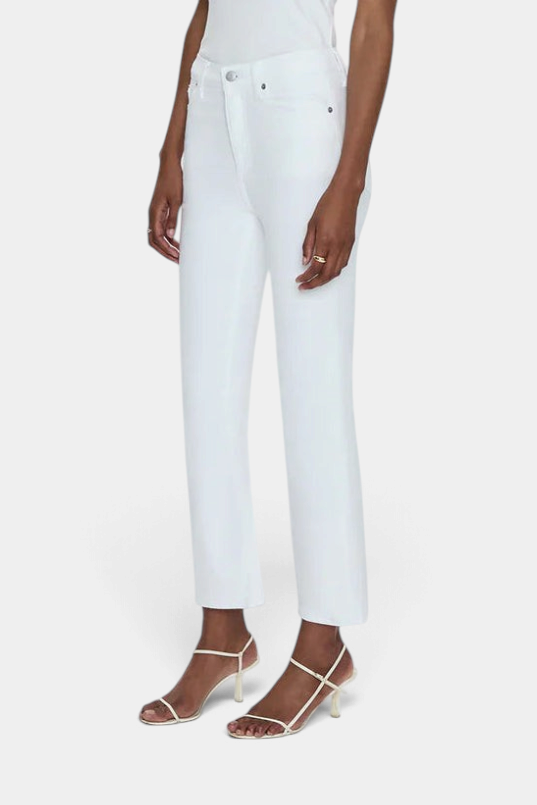 The Copper Shed Lennon high rise white boot cut cropped denim jeans worn by a model with strappy heels