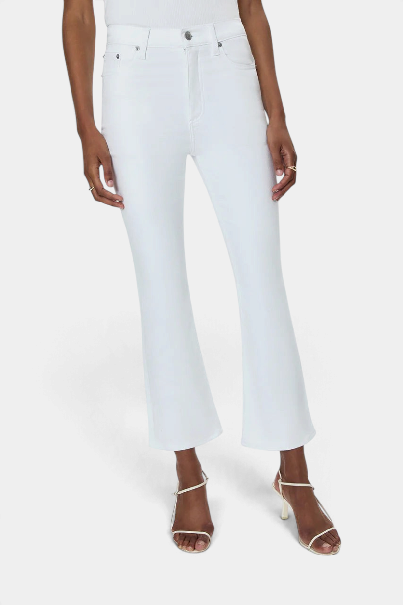 The Copper Shed Lennon high rise white comfort-stretch denim jeans with a cropped boot cut leg silhouette