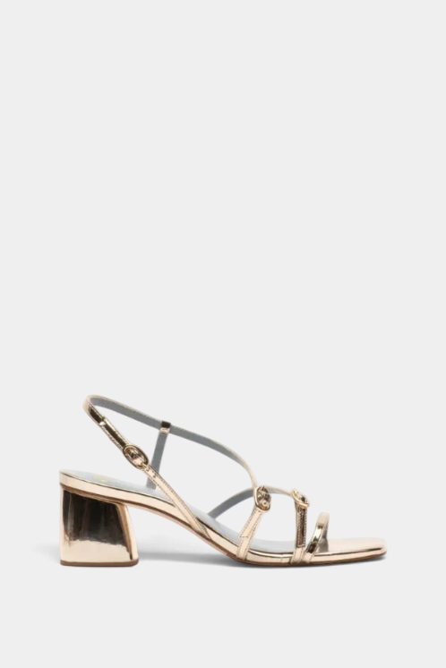 The Copper Shed Lexi Heel in metallic gold vegan leather with double straps, slingback, and chunky block heel.