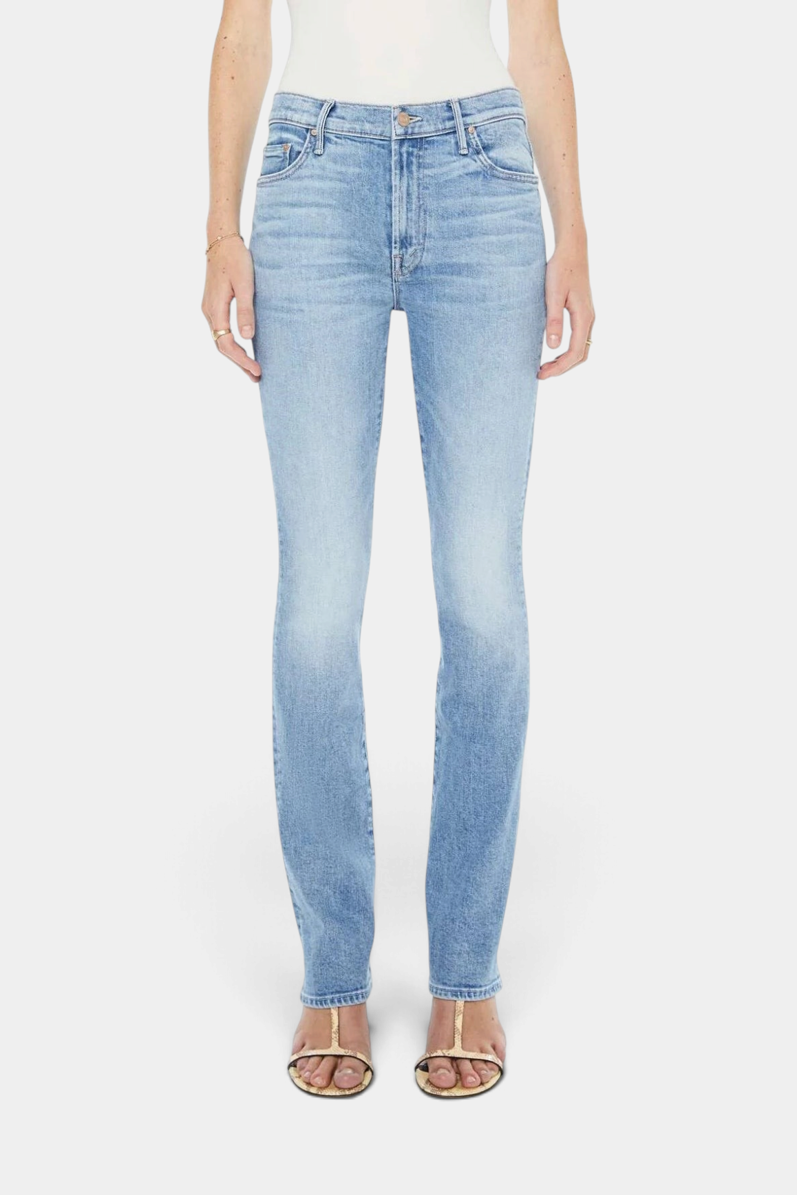 The Copper Shed The Insider Skimp high-waisted light blue bootcut jeans with whiskering and a clean hem.