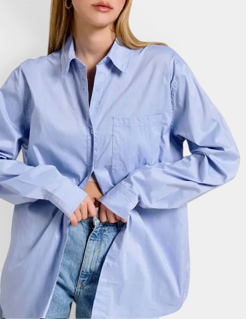 The Copper Shed light blue oversized poplin button-down shirt with a classic collar and front chest pocket