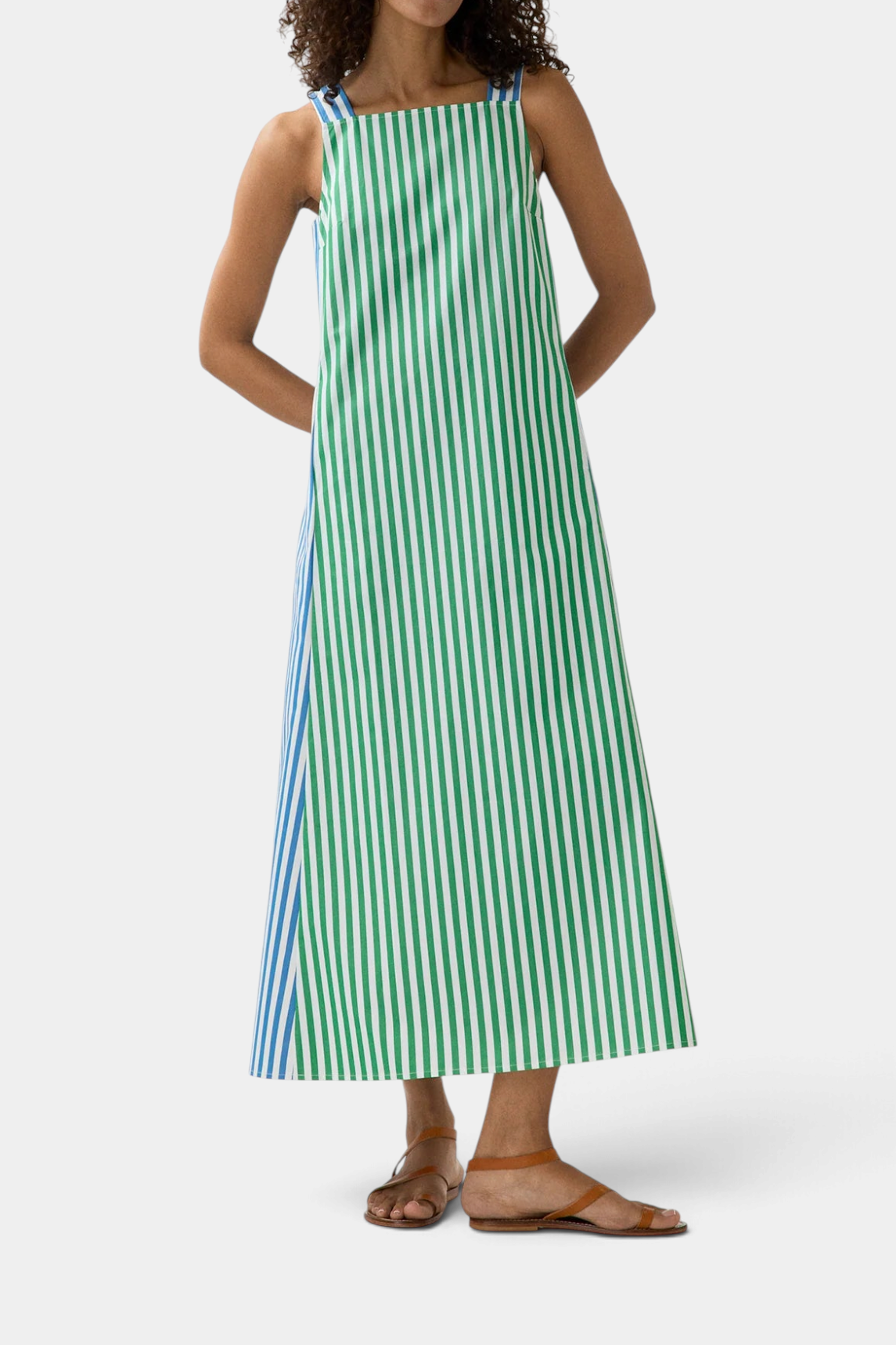 The Copper Shed Lise maxi dress in green and blue striped Italian cotton poplin with a square neckline and A-line fit.
