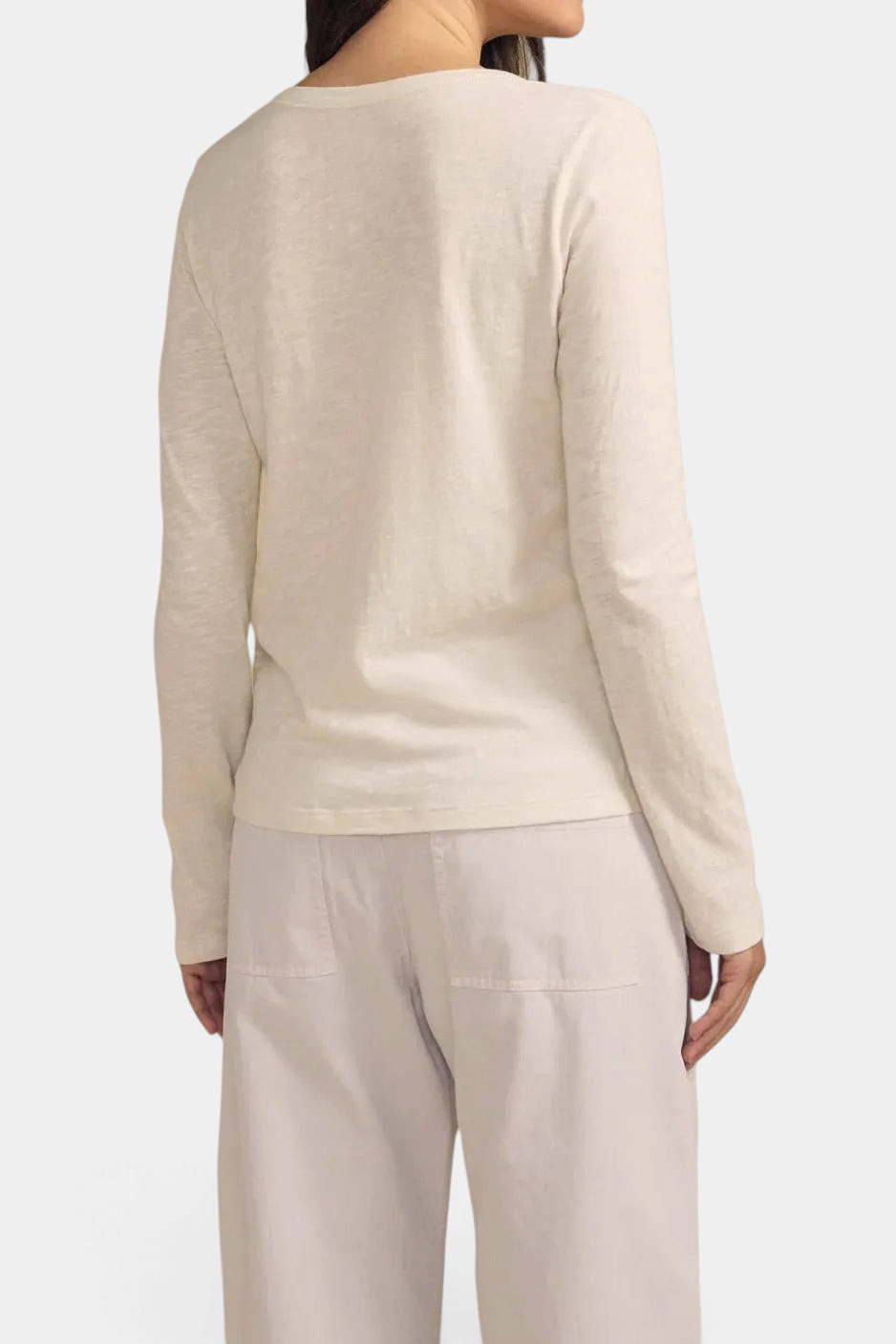 Back view of The Copper Shed Lizzie Tee in cream textured cotton slub with long sleeves and a crew neckline.