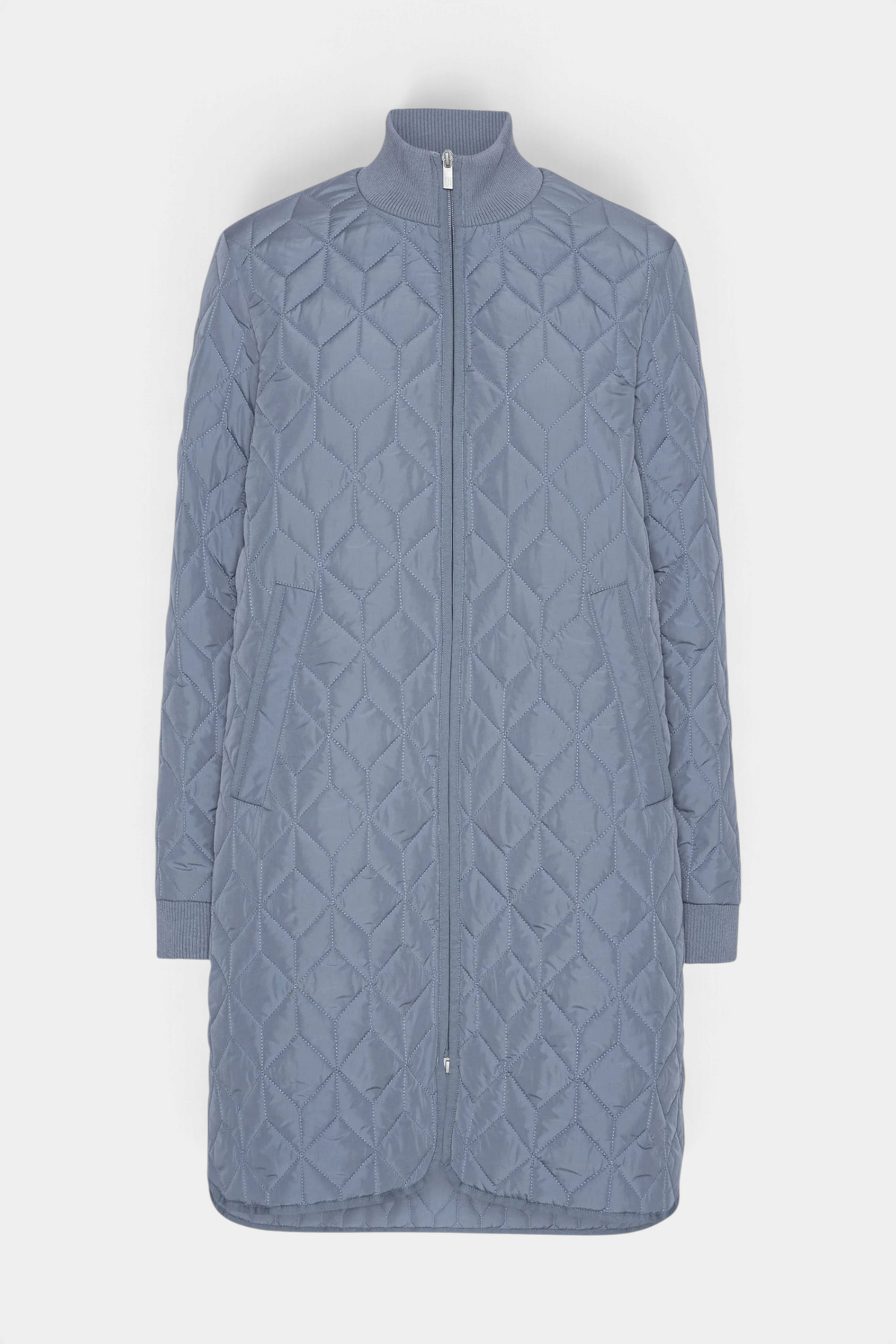 The Copper Shed long blue quilted jacket with a high ribbed collar, 2-way zipper, and side slits in polyester.