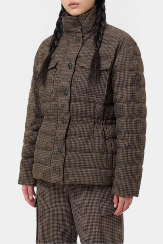 The Copper Shed Lottie women's brown houndstooth puffer jacket with a stand-up collar and flap chest pockets.