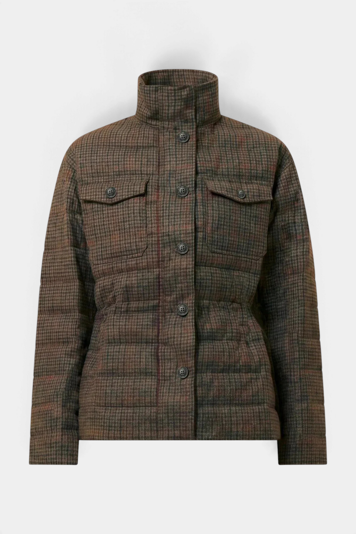 The Copper Shed Lottie women's brown houndstooth puffer jacket with a stand-up collar and buttoned chest pockets.