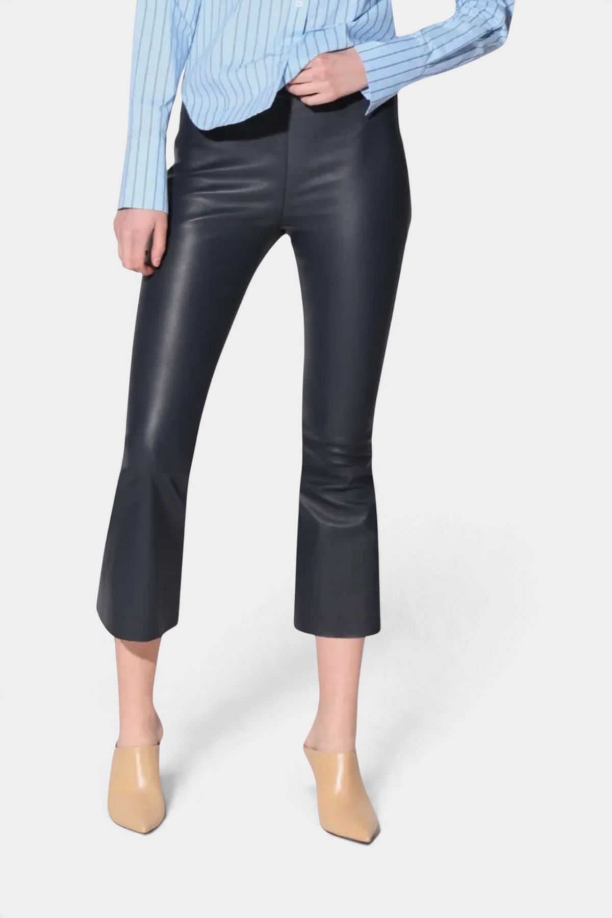 The Copper Shed Luisa Pant in black stretch leather featuring a contemporary cropped flare silhouette.