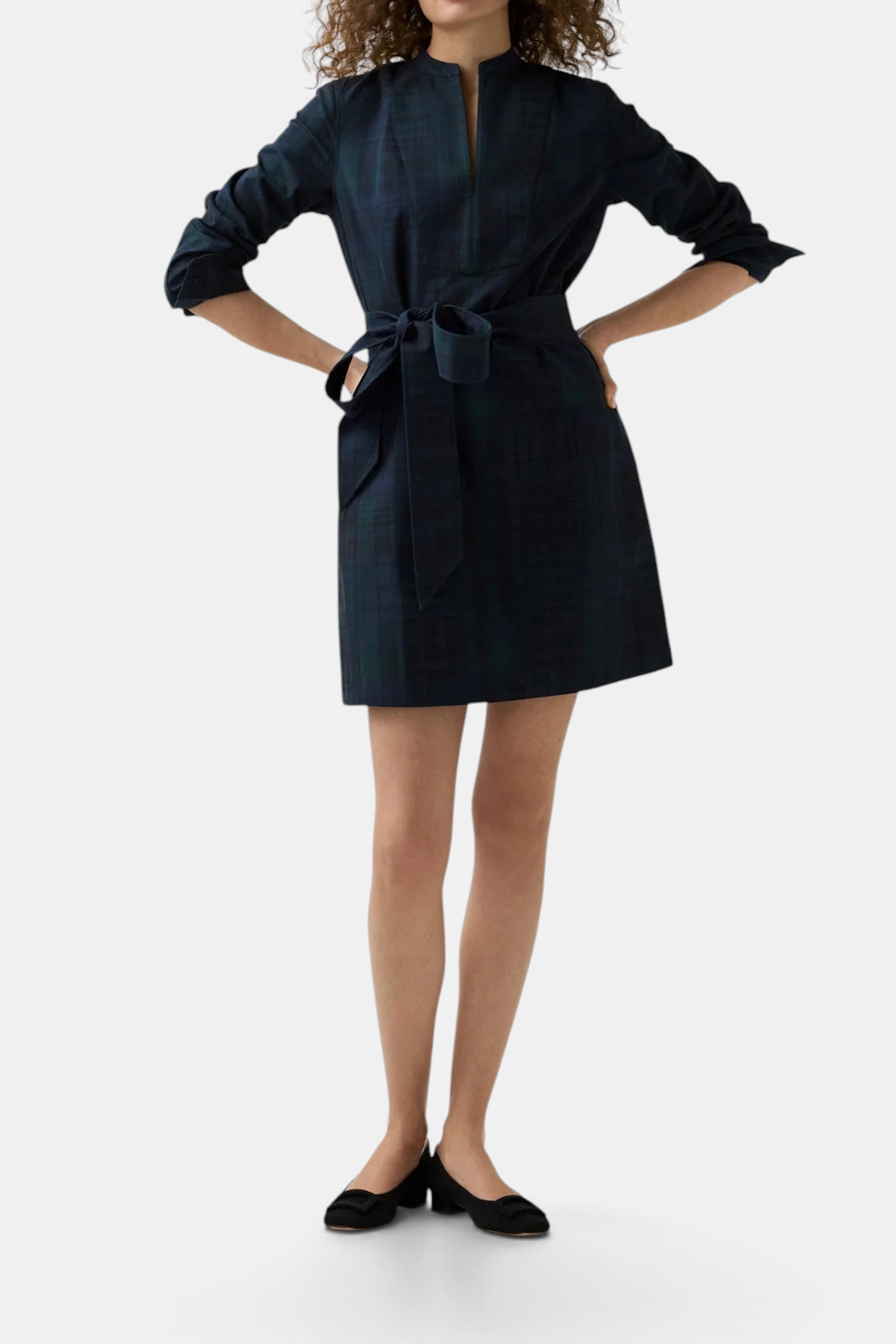 The Copper Shed Mackey tartan cotton dress with mandarin collar, tuxedo bib, and self-tie waist.