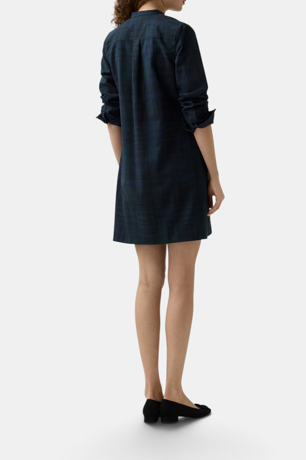 Back view of The Copper Shed Mackey tartan cotton dress with mandarin collar and rolled sleeves.