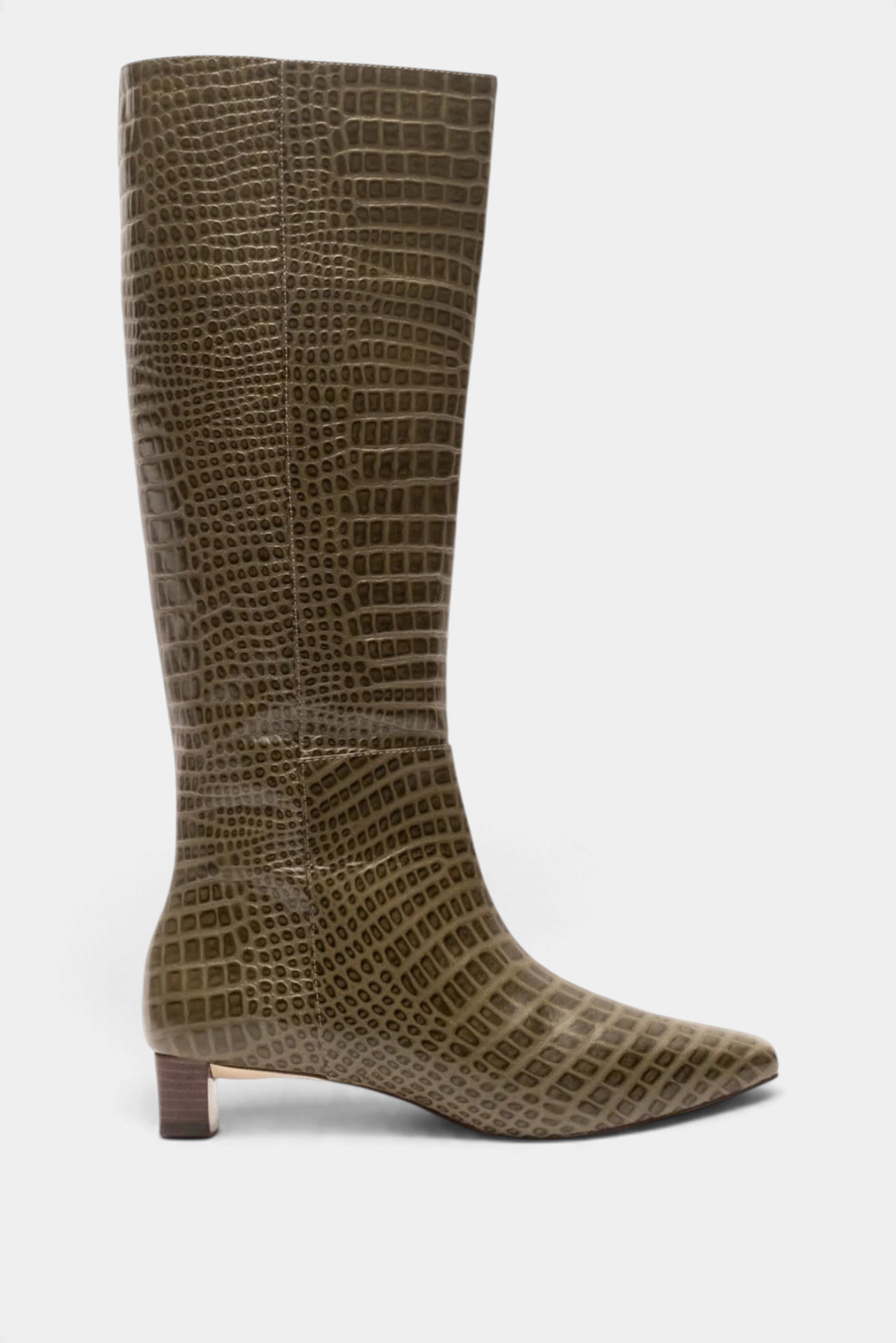 The Copper Shed Mackie knee-high boot in olive green croc-embossed leather with a square toe and low block heel.