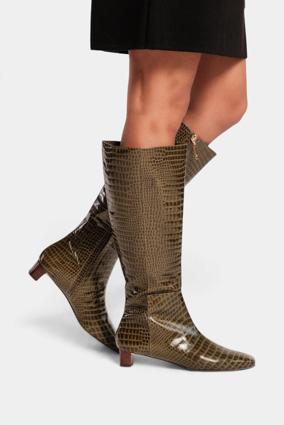 The Copper Shed Mackie knee-high boots in olive green croc-embossed leather with a square toe and low block heel.