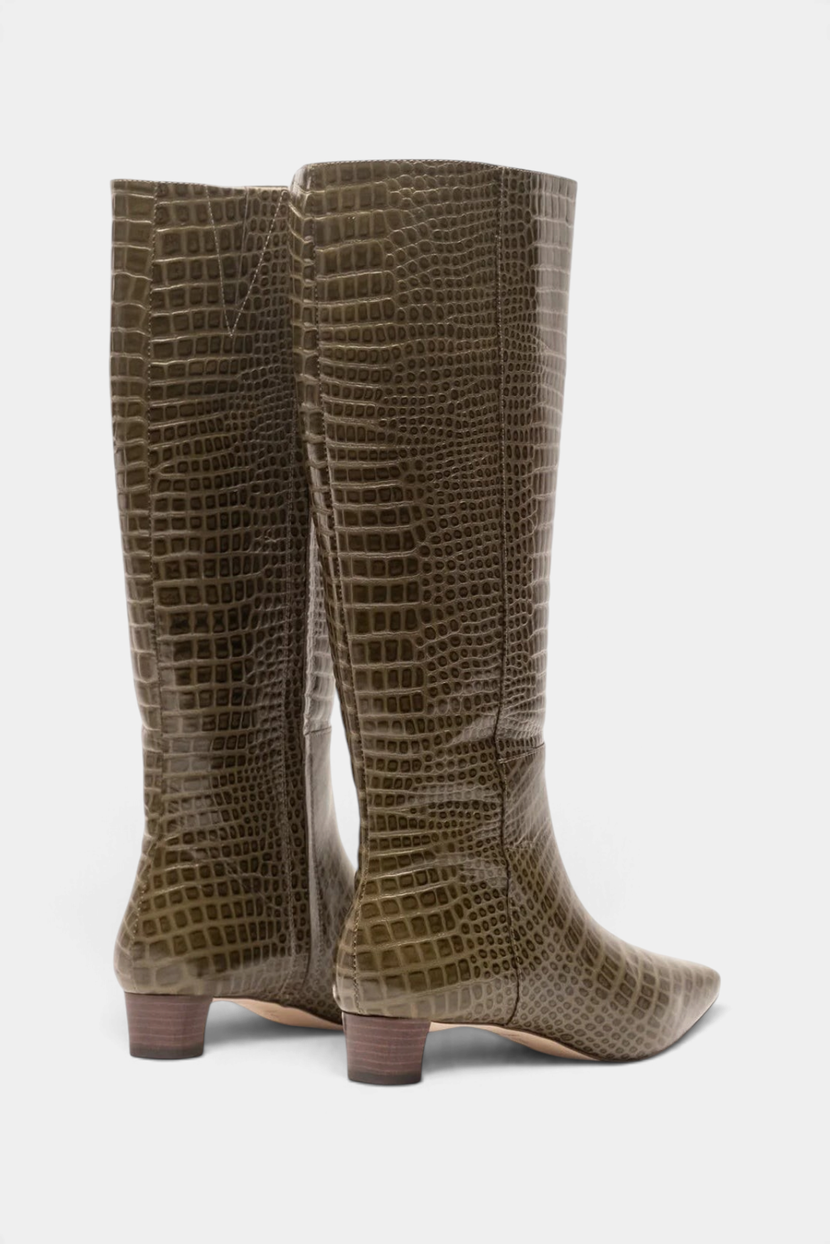 The Copper Shed Mackie knee-high boots in olive green croc-embossed leather with a square toe and low block heel.