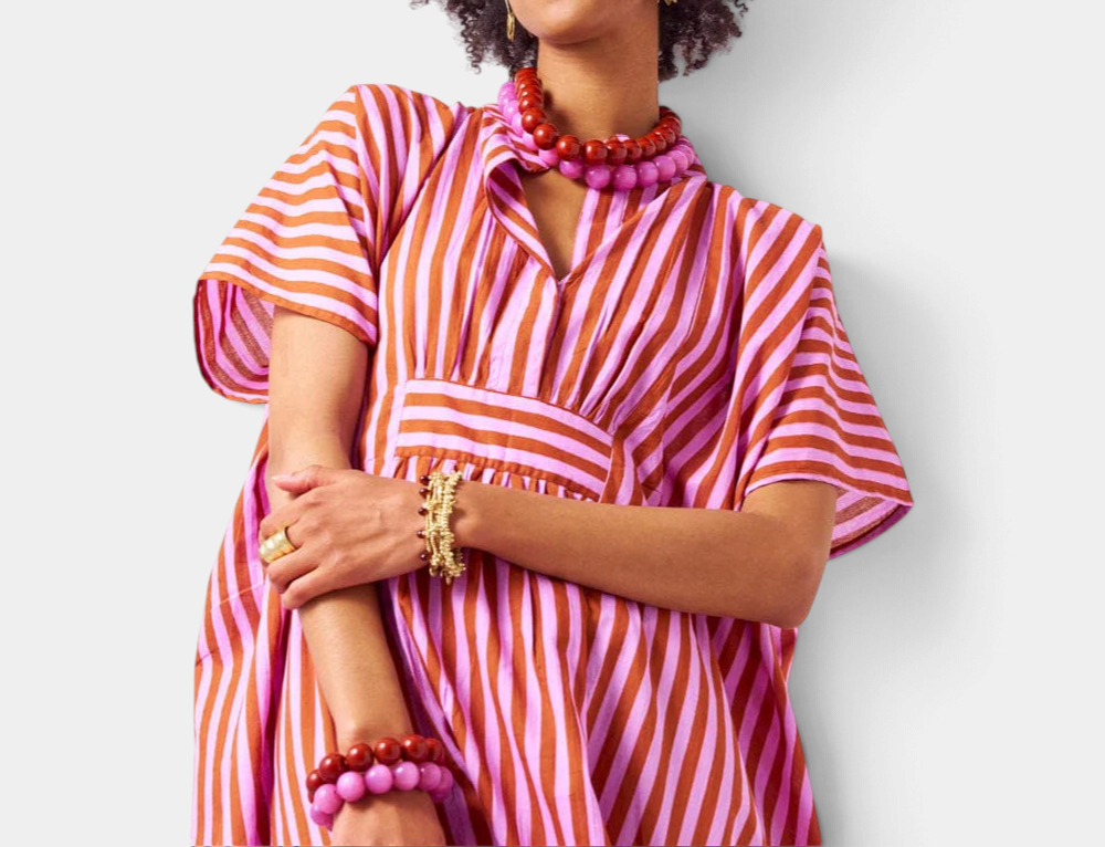 The Copper Shed Margot Stripe Kaftan in rusty brown and lilac with an oversized fit and internal drawstring waist.