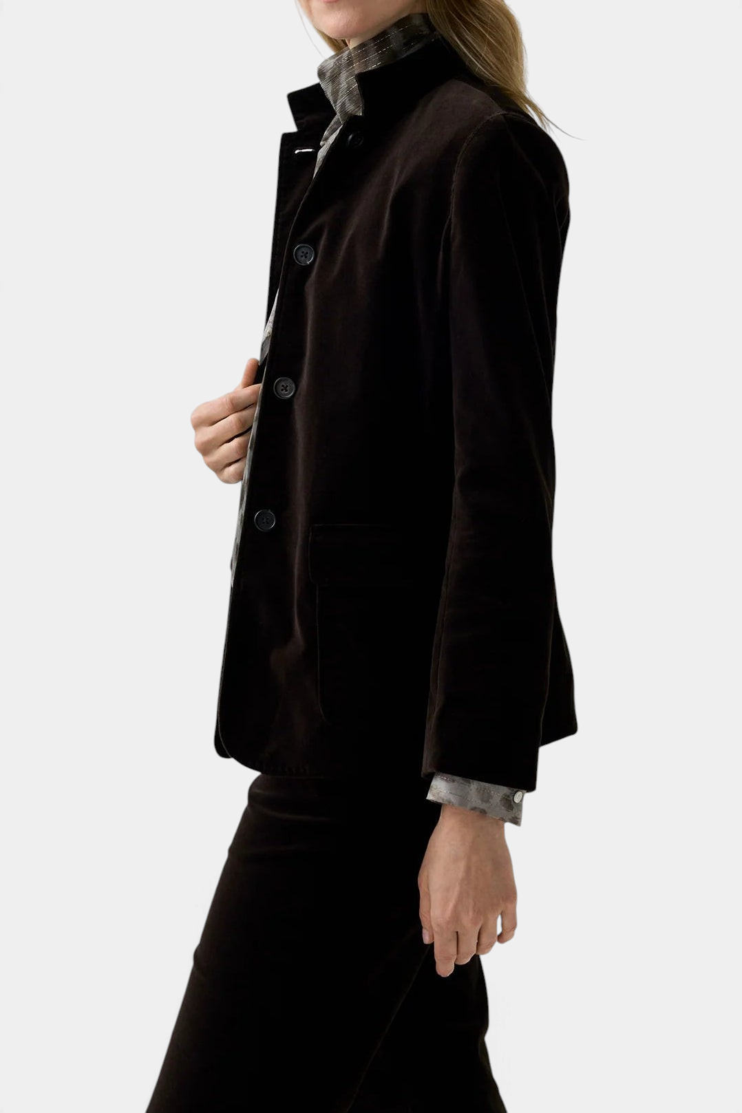 The Copper Shed Marguerite jacket in dark brown stretch cotton velveteen with a stand collar and horn buttons.